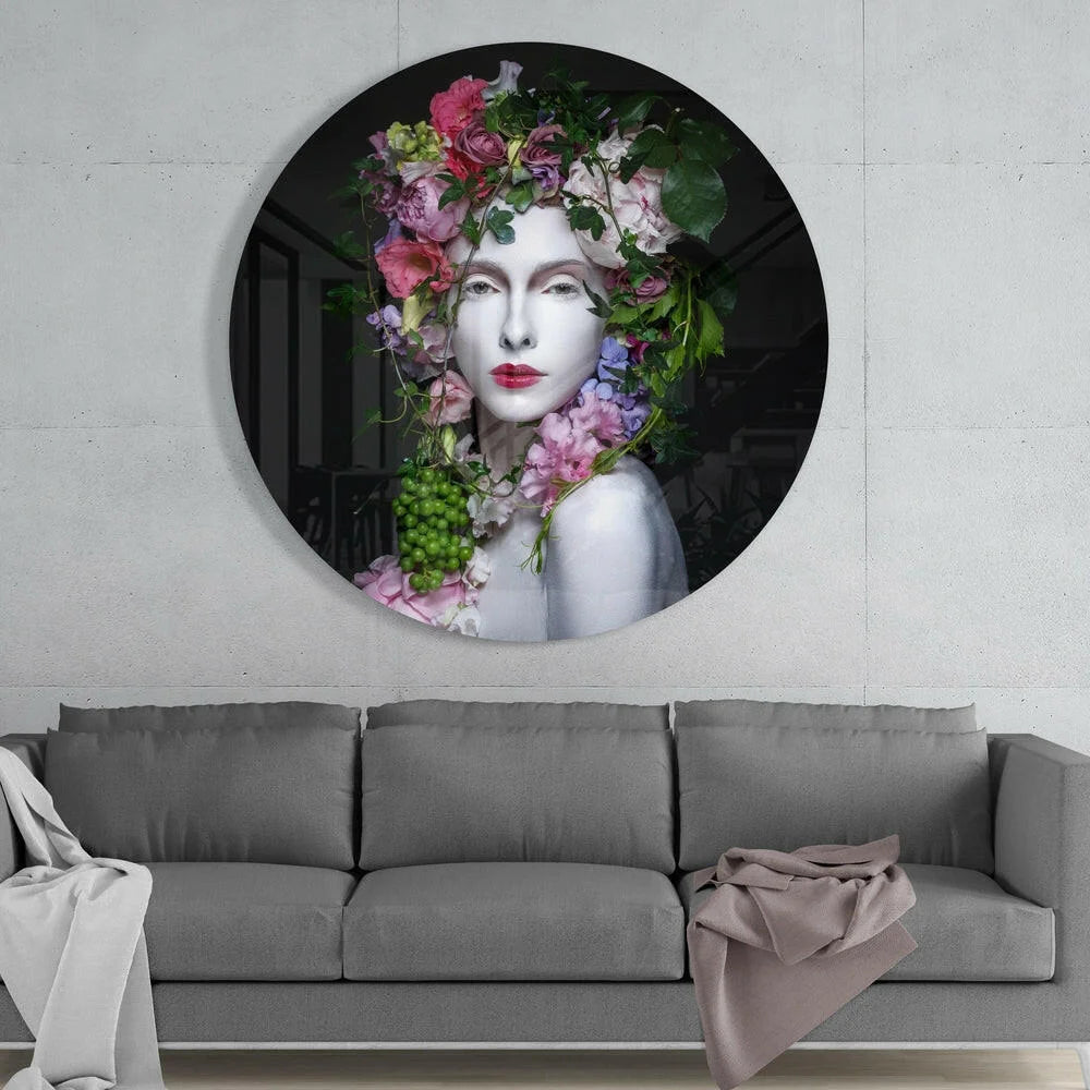 Floral Crown Beauty Tempered Glass Art Circle | Glass Wall Art Print | vintageantiquesgifts.com