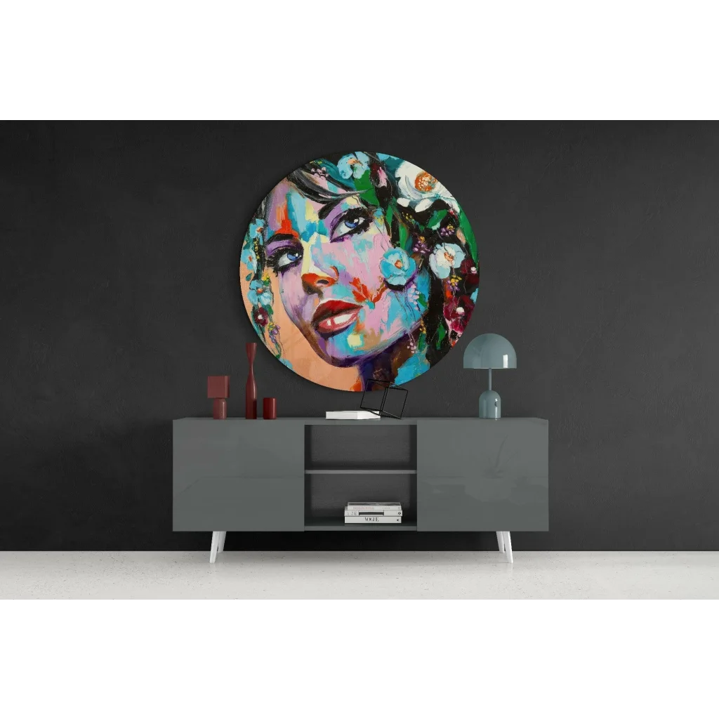 Vibrant floral portrait tempered glass art on wall