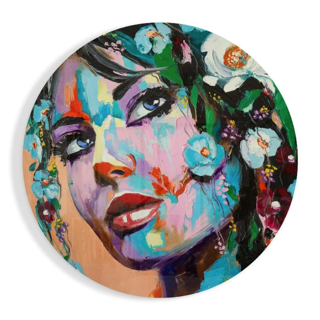 Vibrant floral portrait tempered glass art of womans face with colorful flowers