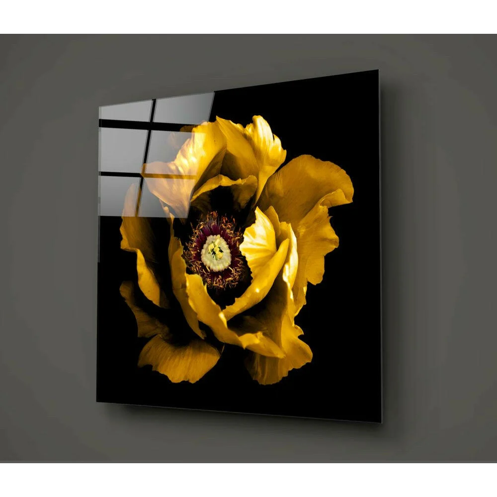 Vibrant yellow poppy glass wall art on glossy black panel