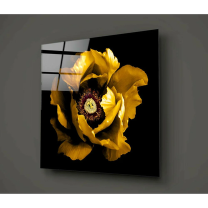 Vibrant yellow poppy glass wall art on glossy black panel