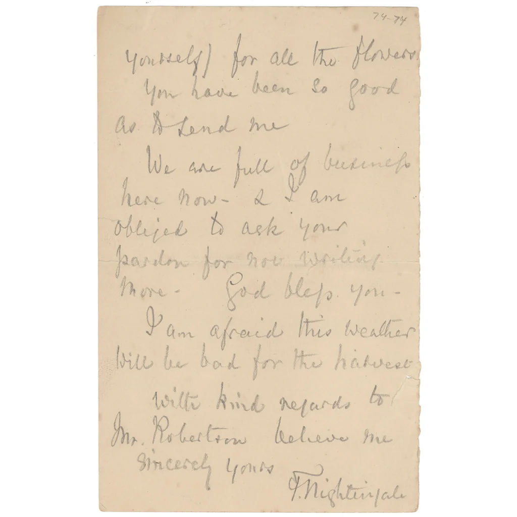 Aged paper with handwritten notes from Florence Nightingale, part of rare trading cards