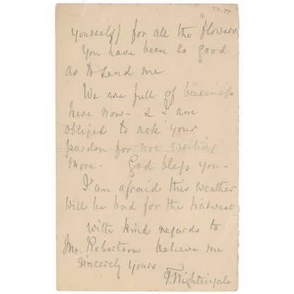 Aged paper with handwritten notes from Florence Nightingale, part of rare trading cards