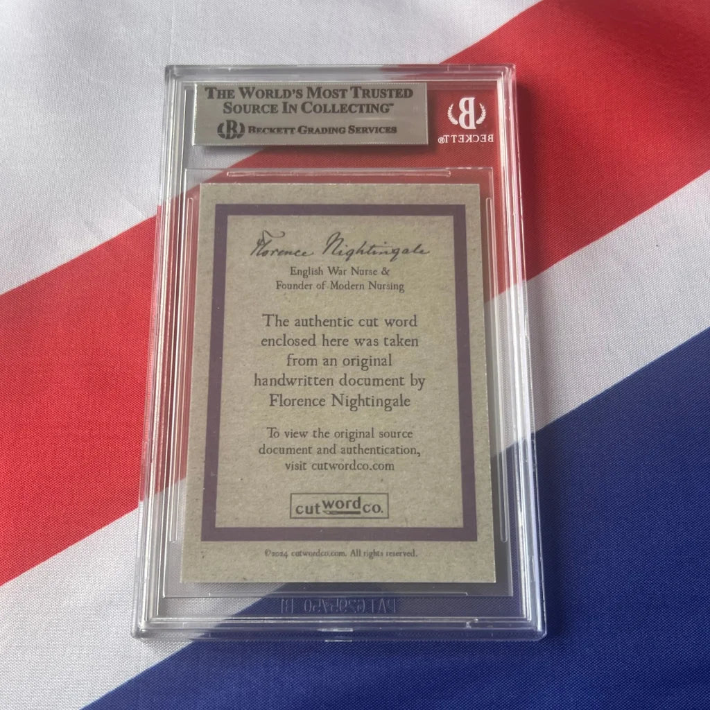 A graded collectible card featuring Florence Nightingale’s authentic handwritten word from Nightingale Wrote