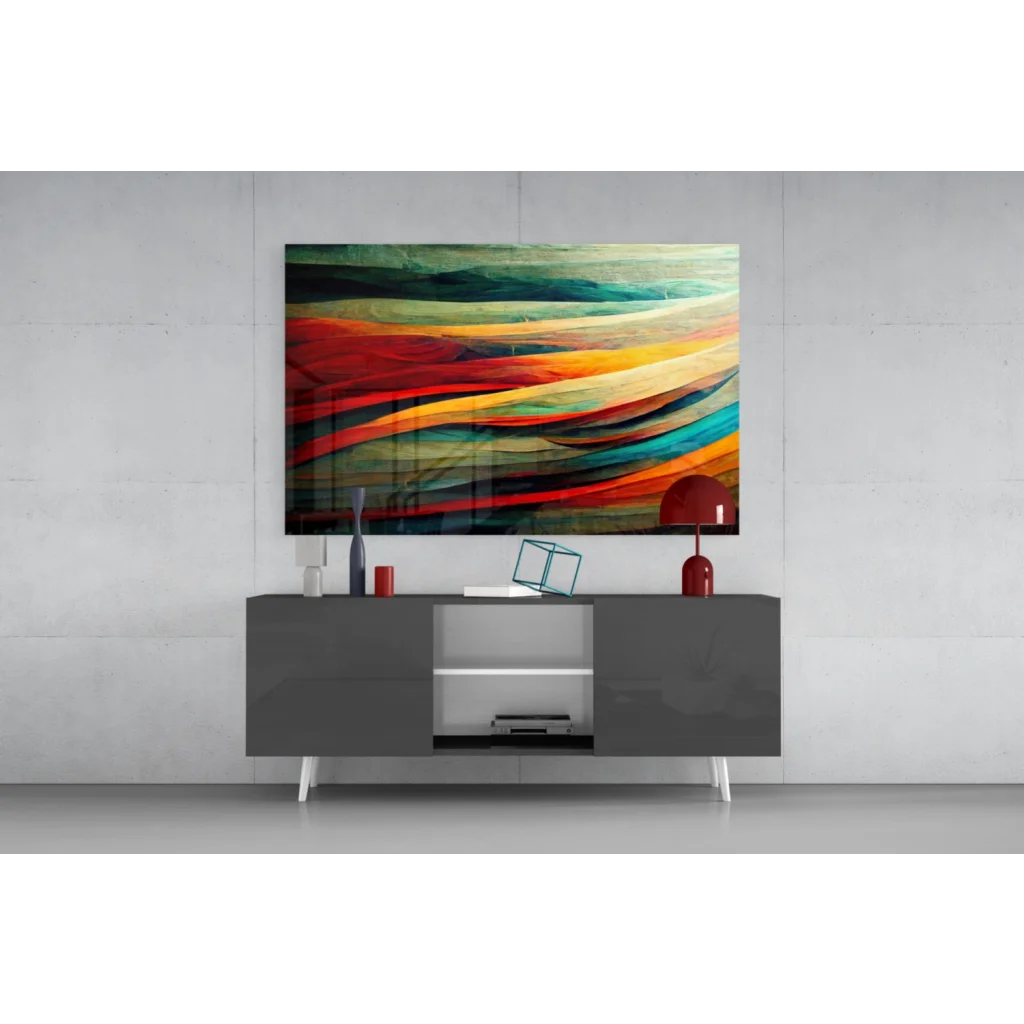 Vibrant flowing color burst glass wall art canvas with red to teal bands
