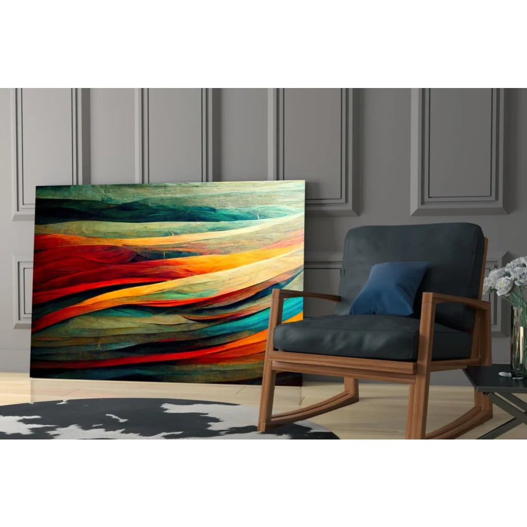 Vibrant flowing color burst glass wall art with red orange teal green bands