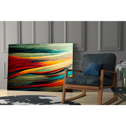 Vibrant flowing color burst glass wall art with red orange teal green bands