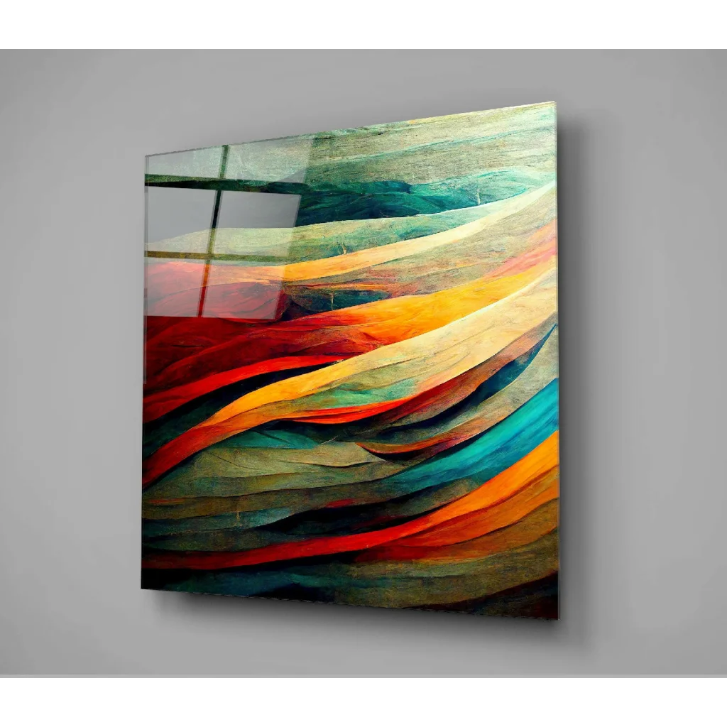 Vibrant abstract glass wall art with bold flowing red, orange, teal bands