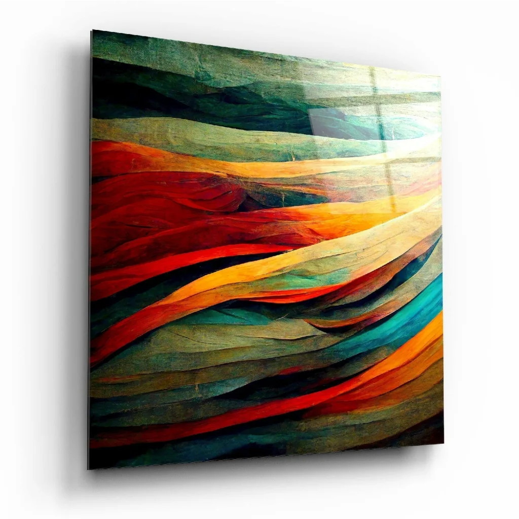 Vibrant glass wall art with bold flowing red, orange, teal bands