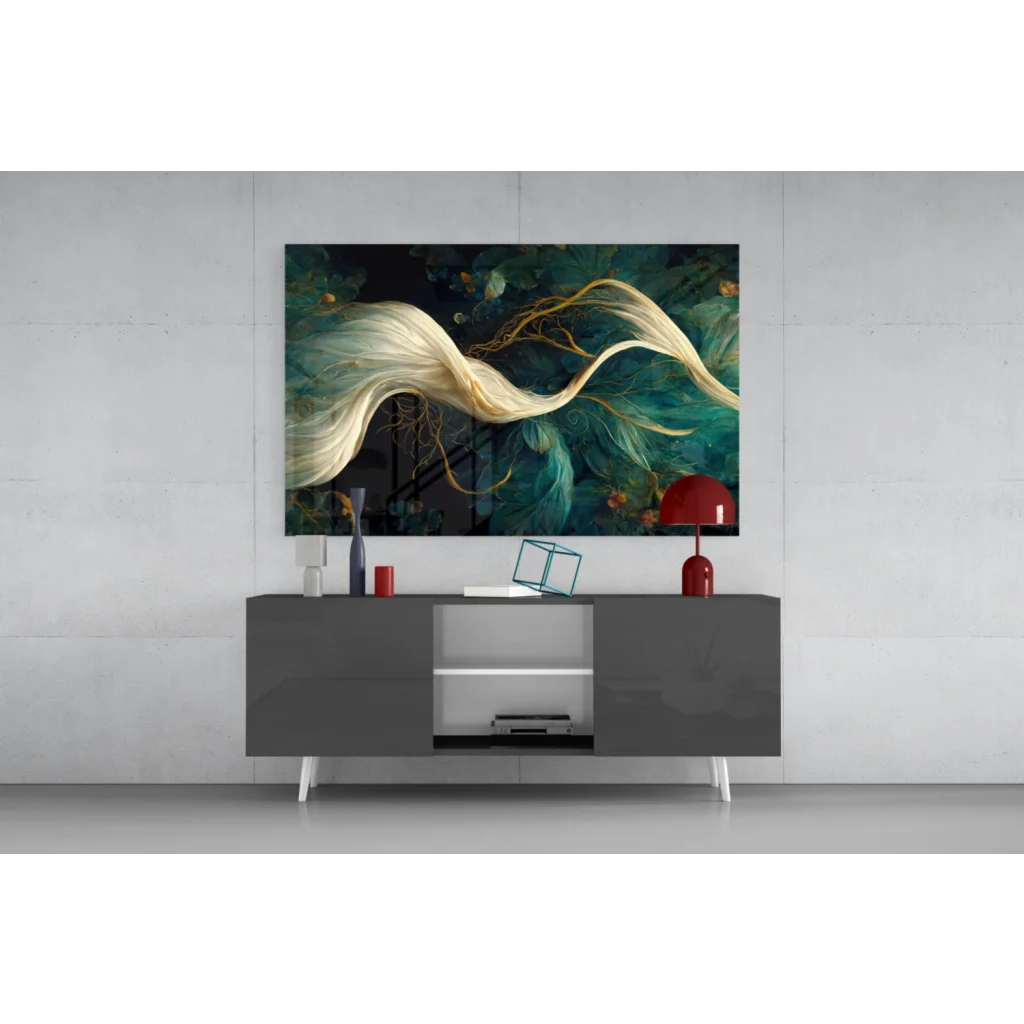 Modern glass wall art with golden strands on teal background