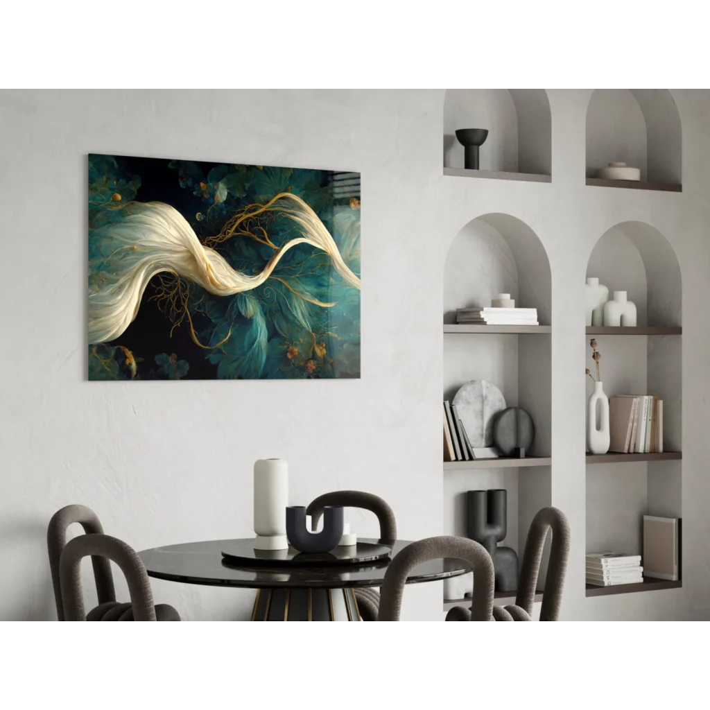 Stunning glass wall art with golden teal abstract forms on canvas