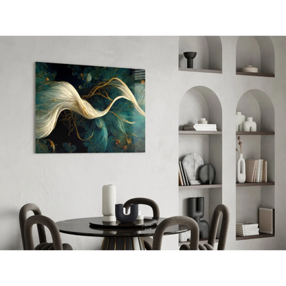 Stunning glass wall art with golden teal abstract forms on canvas