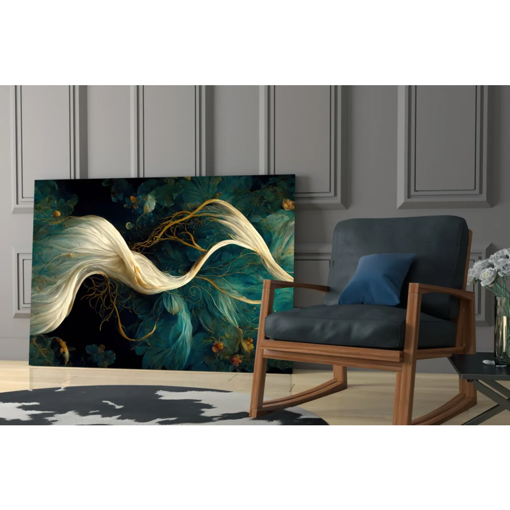 Elegant teal gold glass wall art with flowing white ribbons