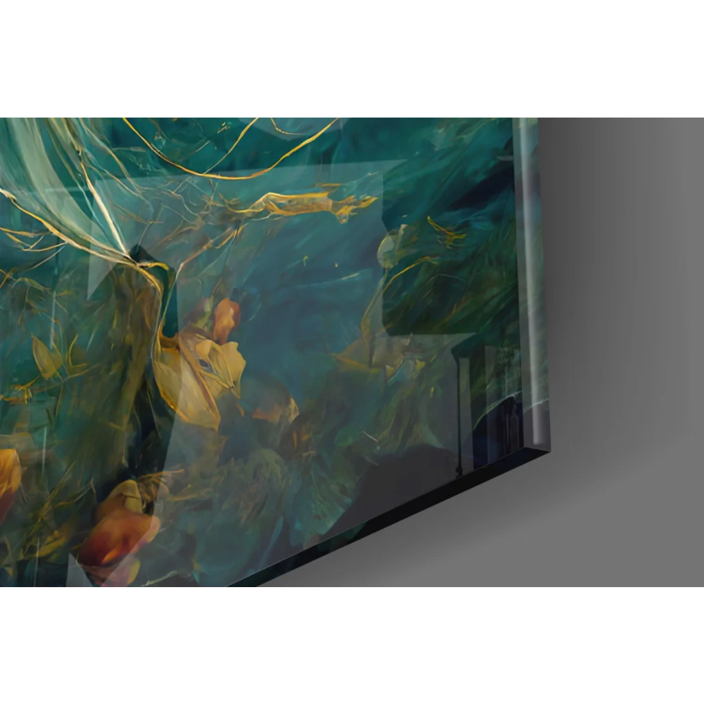 Framed teal and gold glass wall art of underwater foliage