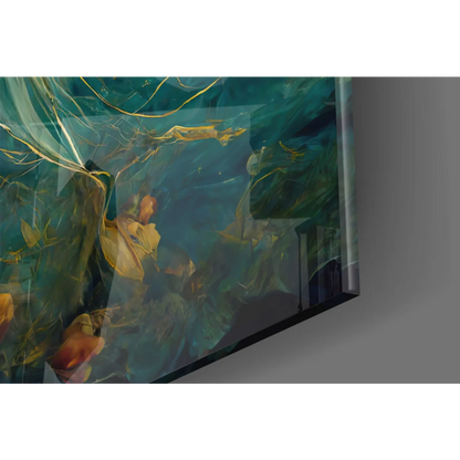 Framed teal and gold glass wall art of underwater foliage