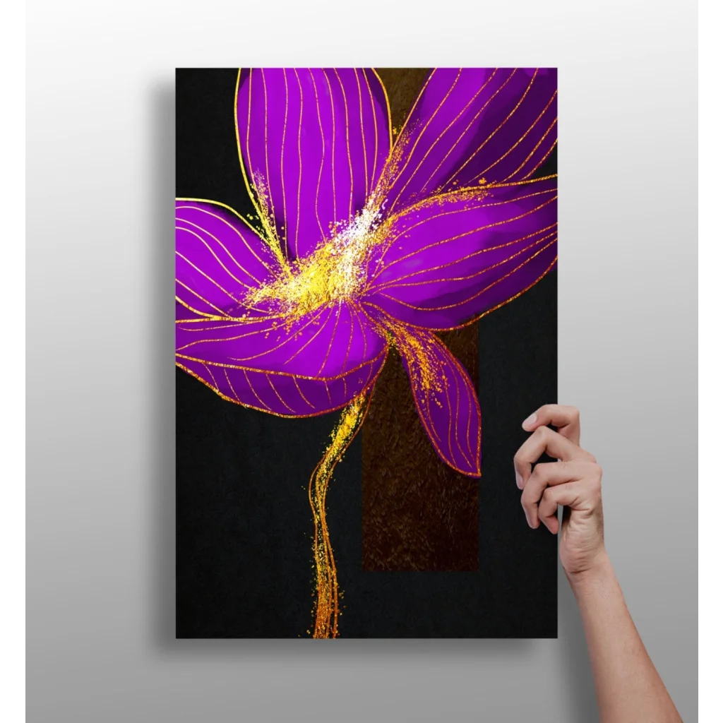 Vibrant purple orchid on insigne aluminum print with gold leaf and glittery texture