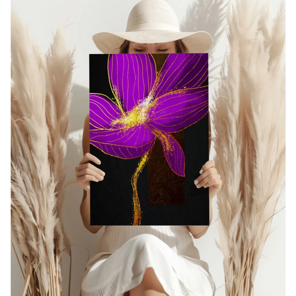 Vibrant purple orchid gold leaf Insigne aluminum print on black canvas