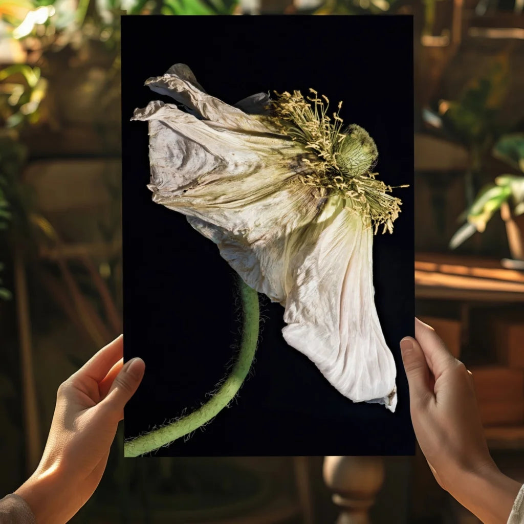 Dried white poppy on insigne aluminum print, black background