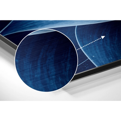 Stunning blue floral brushed aluminium dibond wall art in deep blue frame