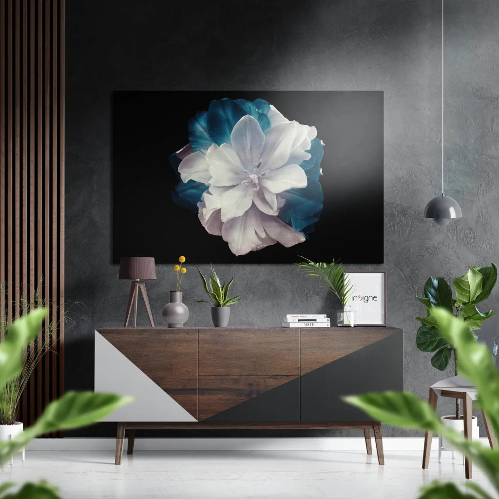 Stunning brushed aluminium dibond flower art print with layered white teal petals on black