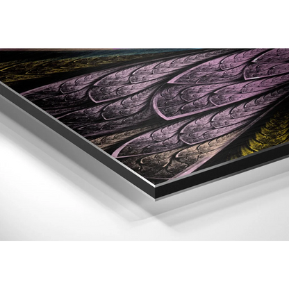 Sleek fractal wing art on brushed aluminium dibond print in purple gold
