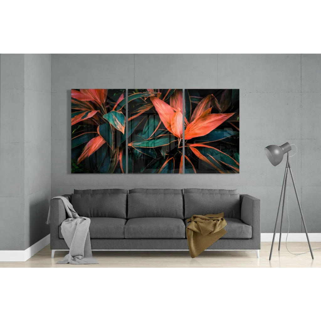 Tropical Leaves Glass Wall Art in Bold Orange and Teal | Modern Wall Art Decor | vintageantiquesgifts.com