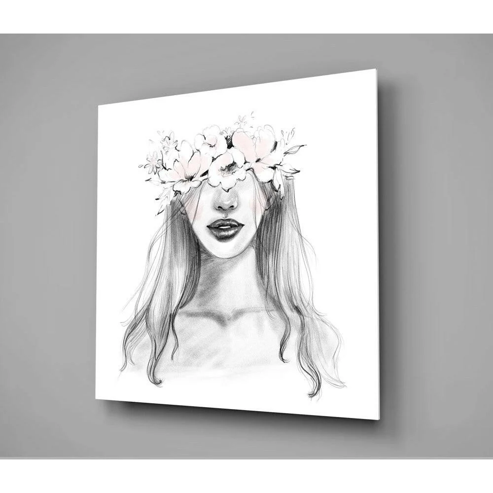 Delicate grayscale pencil sketch woman with floral crown on Ethereal glass wall art