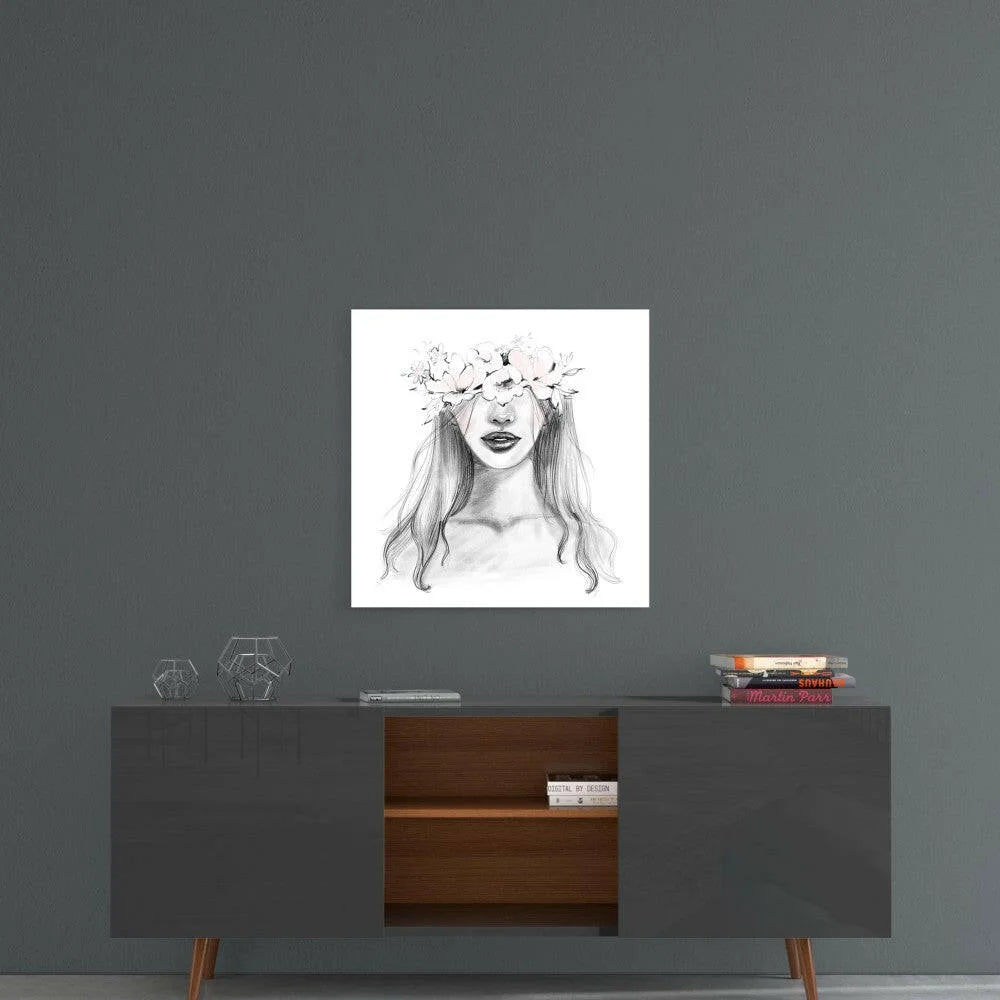 Black-and-white sketch of woman in floral crown on glass wall art