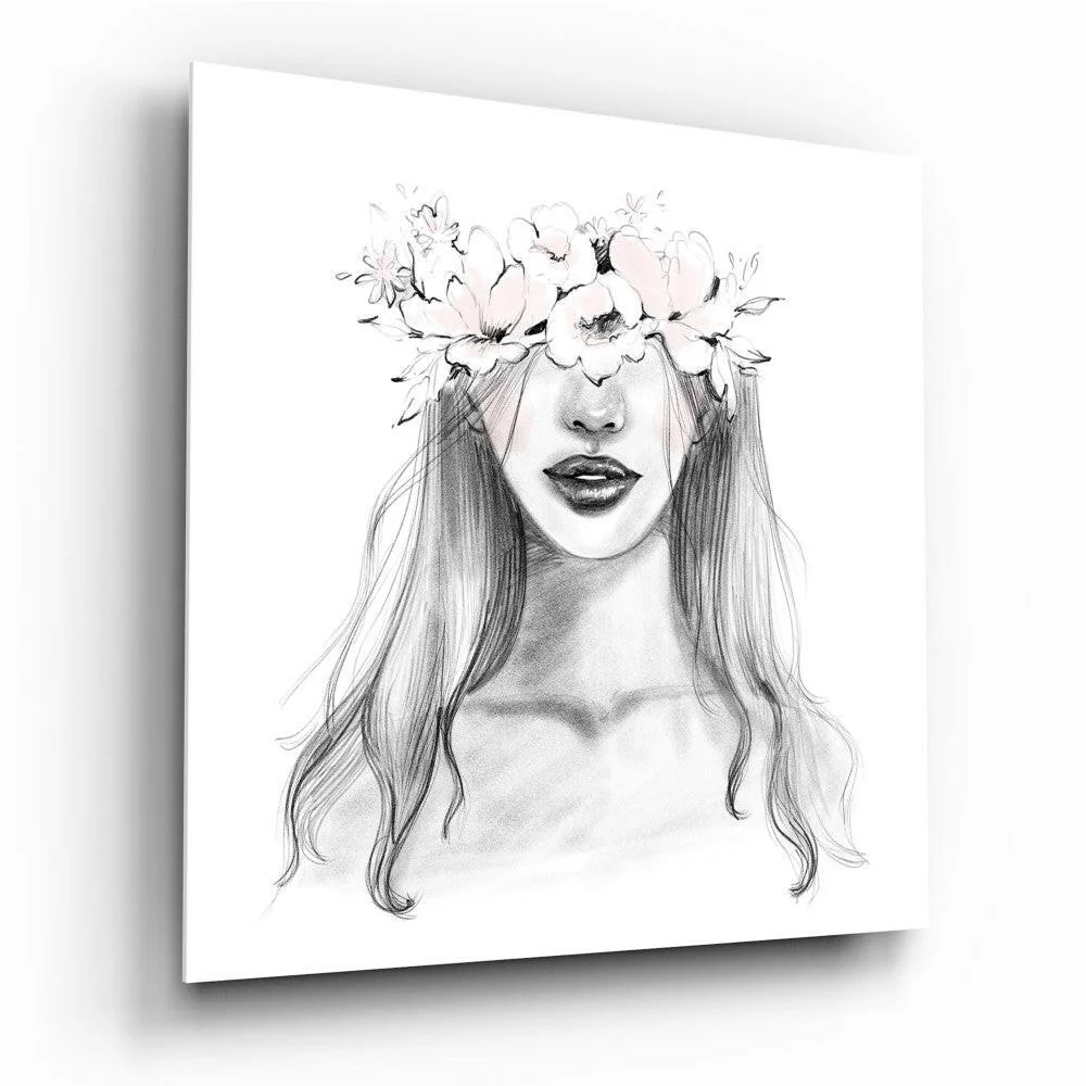 Delicate grayscale pencil sketch of woman in floral crown, Ethereal glass wall art