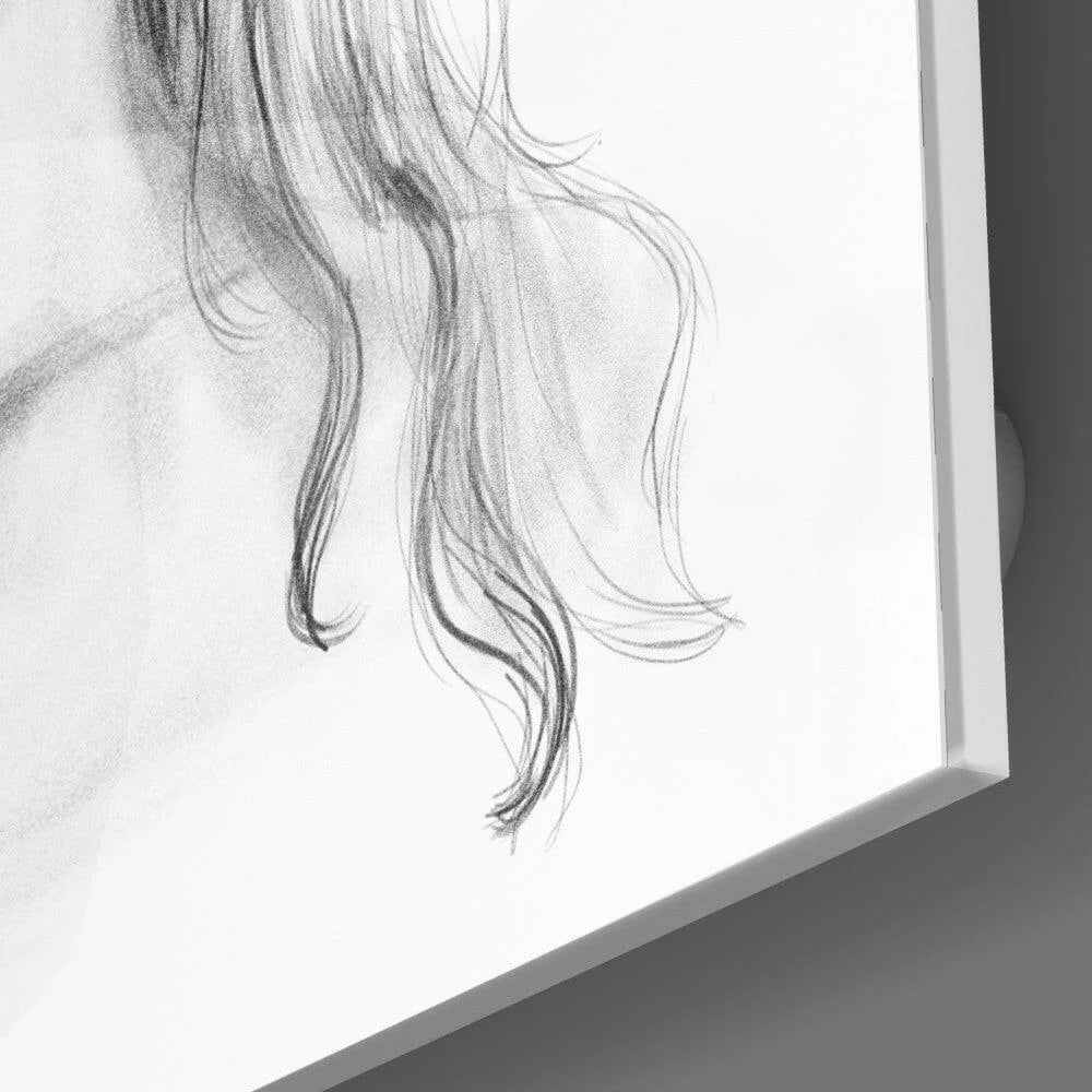 Delicate graphite sketch of flowing hair in ethereal floral crown, minimalist white frame glass wall art