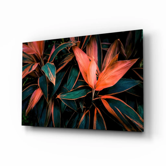 Tropical Leaf Glass Wall Art in Bold Orange and Teal | Insigneart USA | vintageantiquesgifts.com