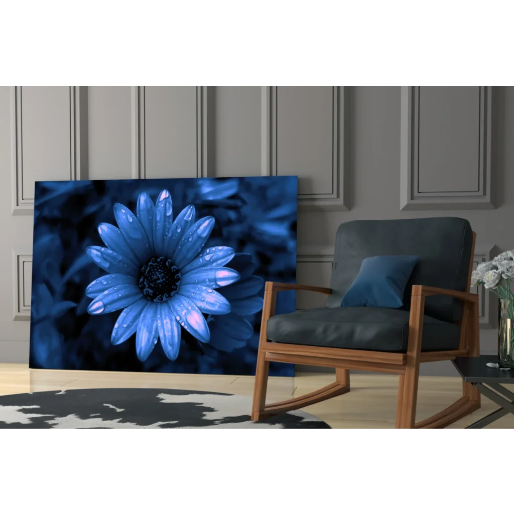 Vibrant blue daisy glass wall art with dewdrops on petals