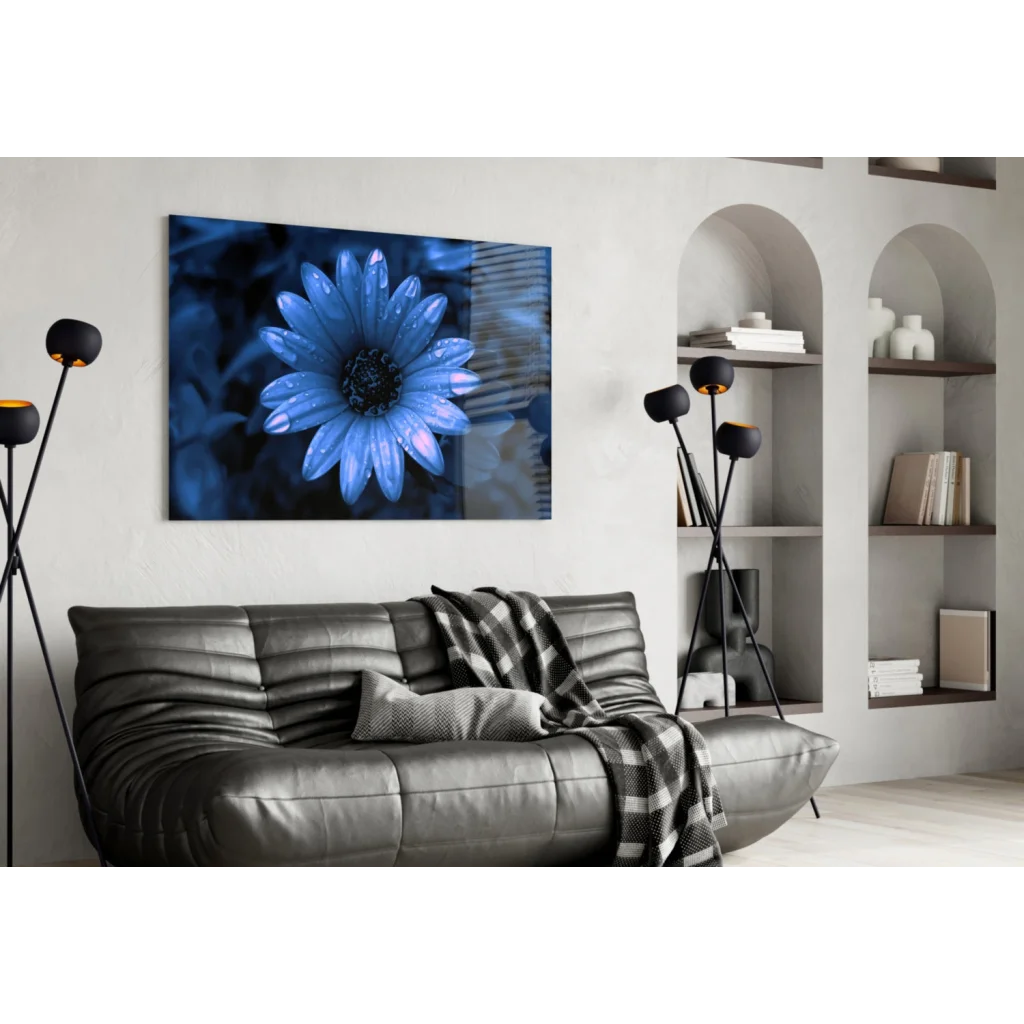 Stunning Blue Daisy Glass Wall Art with Dewdrops | Contemporary Home Wall Art | vintageantiquesgifts.com