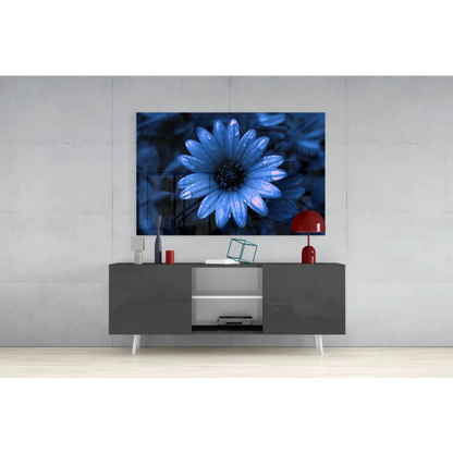 Stunning blue daisy glass wall art with dewdrops and glossy petals