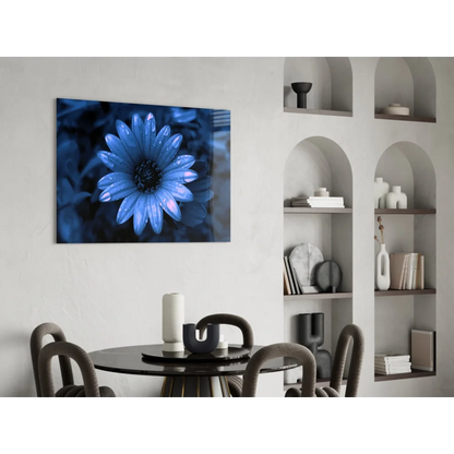 Vibrant blue daisy glass wall art with dewdrops, glossy petals and dark center