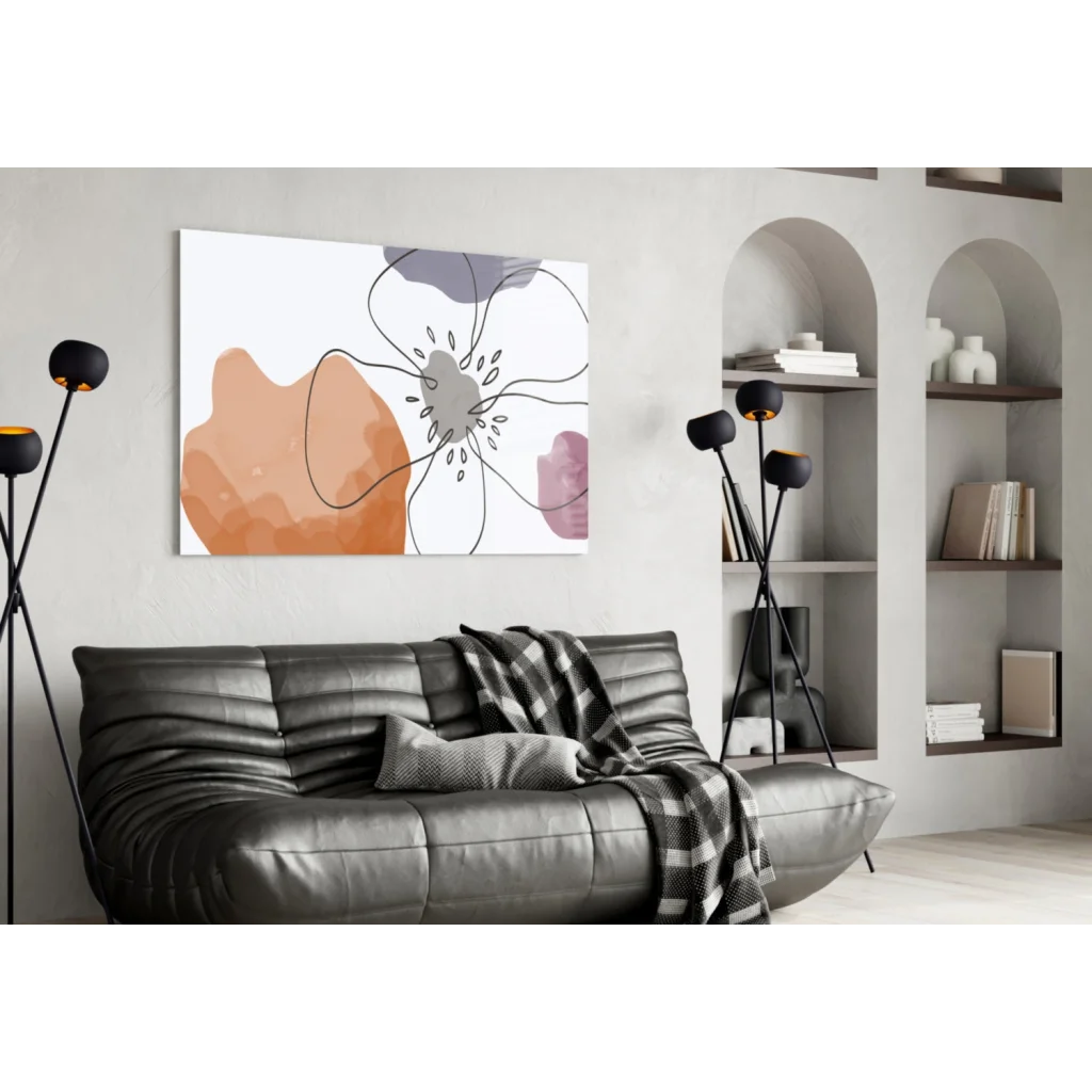 Bold abstract floral canvas wall art in peach, purple, and gray on white