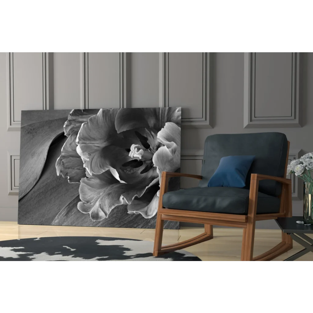 Black-and-white glass wall art of detailed close-up floral print