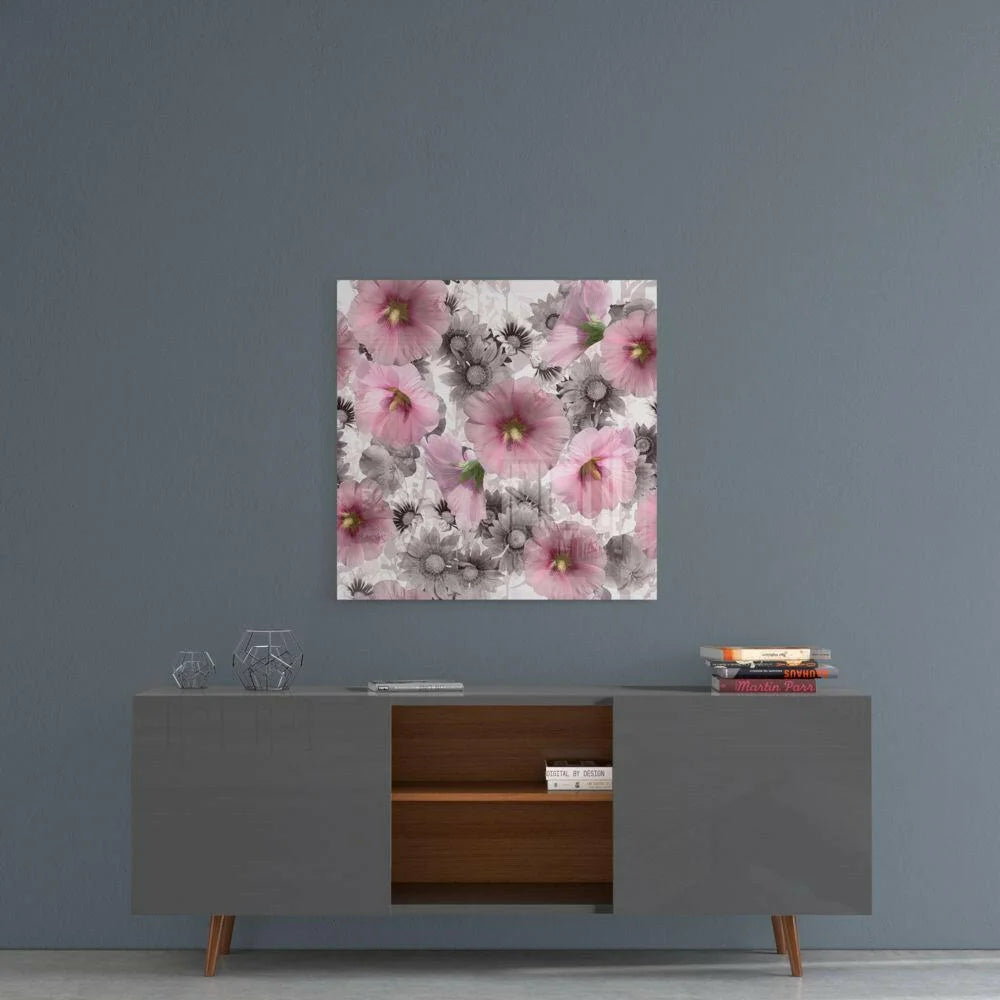 Pink hollyhock glass wall art with gray daisy accents on white background