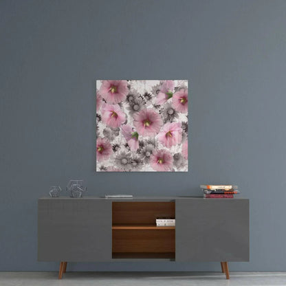 Pink hollyhock glass wall art with gray daisy accents on white background