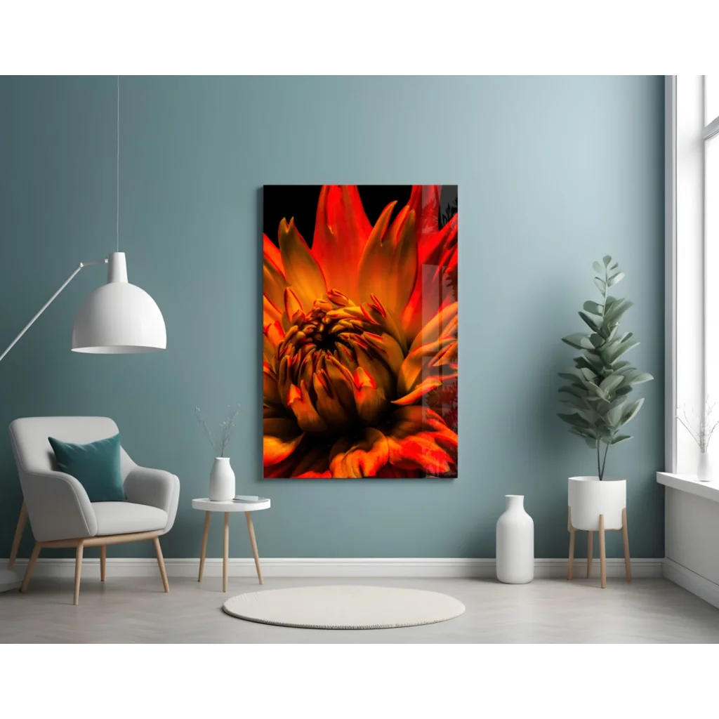 Vibrant orange protea glass wall art in sleek black frame