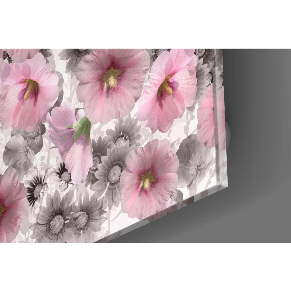 Pink hollyhock glass wall art with gray daisy accents on light background