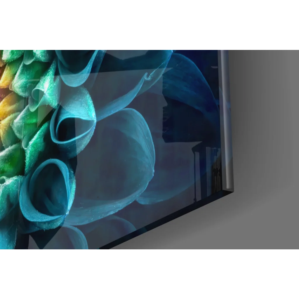Vibrant iridescent green blue floral glass wall art on curved TV screen