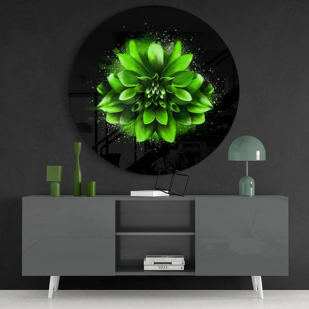 Vibrant green dahlia tempered glass art on circular black mirror