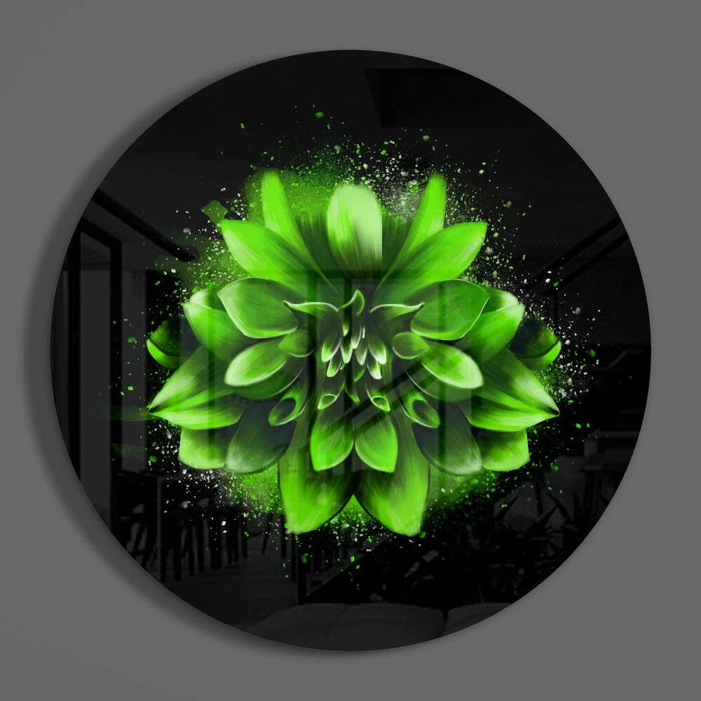 Vibrant green dahlia tempered glass art on black circular panel