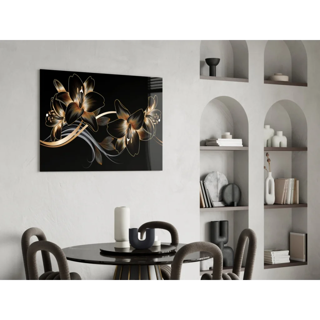 Stunning gold lily glass wall art on glossy black canvas with elegant floral designs