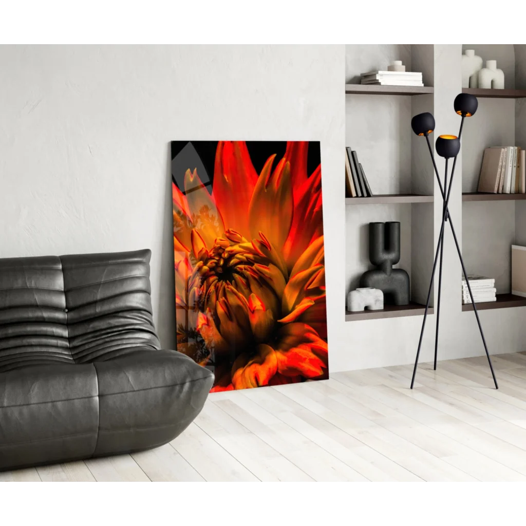 Vibrant orange dahlia glass wall art print with bold floral close-up