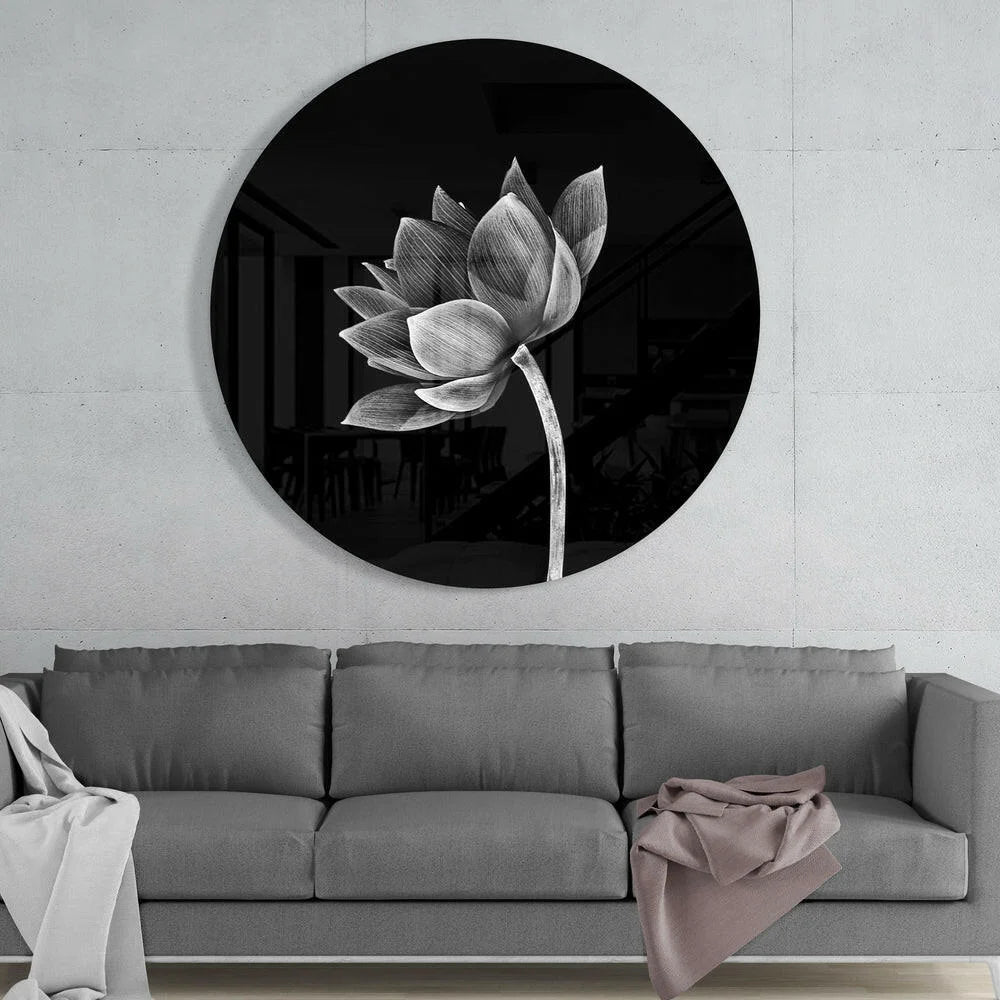Circular tempered glass art of black-and-white lotus flower wall decor