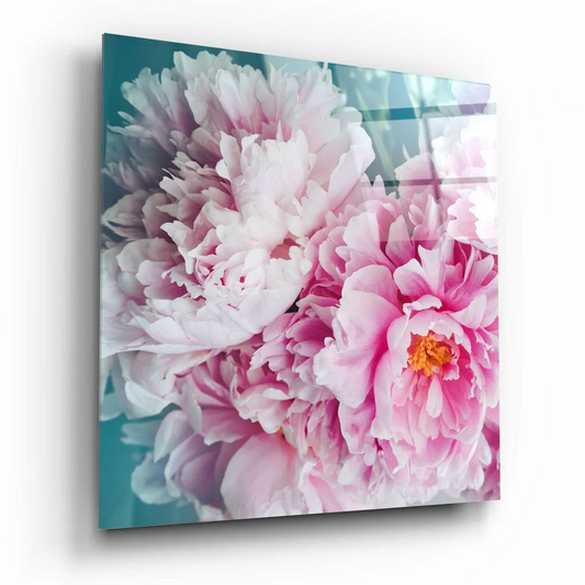Stunning pink peony glass wall art panel with lush blooms