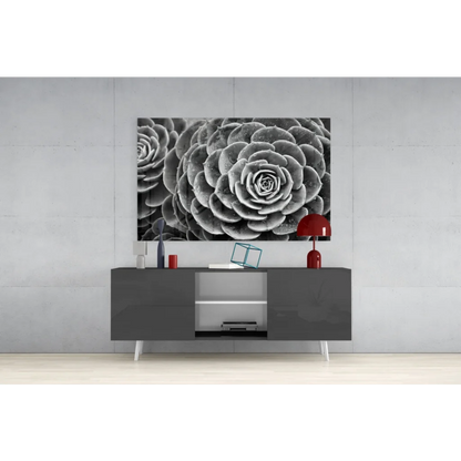 Black and white close-up of layered succulent rosettes wall art canvas