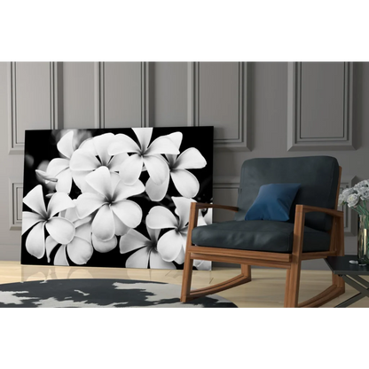 Stunning black and white plumeria blooms canvas wall art